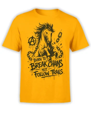 Yellow horse graphic tee with a black horse breaking chains, anarchy symbol, and Born to Break Chains lettering