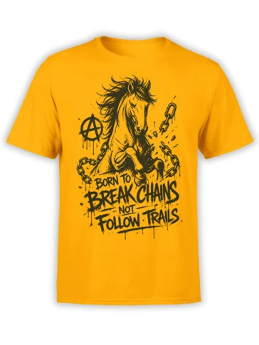Yellow horse graphic tee with a black horse breaking chains, anarchy symbol, and Born to Break Chains lettering