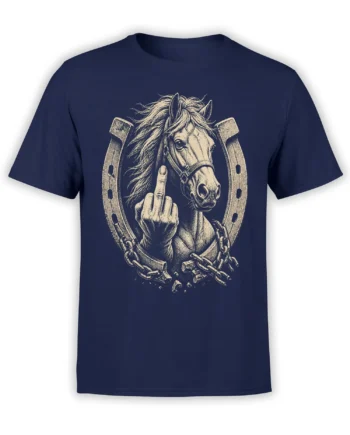 Vintage horse graphic with raised middle finger, horseshoes, and broken chains on a navy T-shirt
