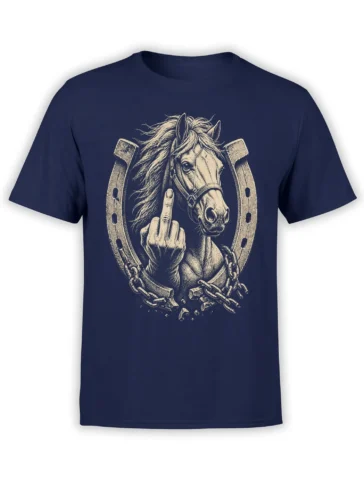 Vintage horse graphic with raised middle finger, horseshoes, and broken chains on a navy T-shirt