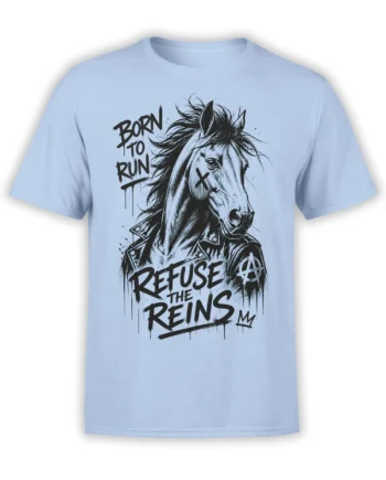 Light blue horse graphic tee with punk jacket artwork and bold Born to Run and Refuse the Reins text