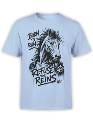 Light blue horse graphic tee with punk jacket artwork and bold Born to Run and Refuse the Reins text