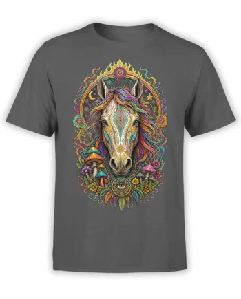 Colorful mystical horse portrait with mushrooms, flowers, moons, stars, and an eye symbol on a gray T-shirt