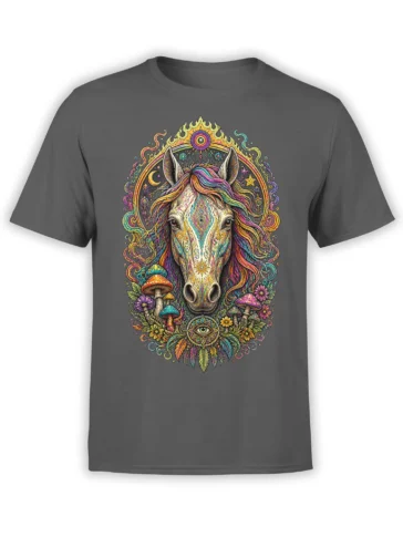 Colorful mystical horse portrait with mushrooms, flowers, moons, stars, and an eye symbol on a gray T-shirt