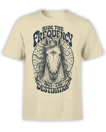 Mystical unicorn third-eye graphic with cosmic stars and Ride the Frequency text on a beige T-shirt