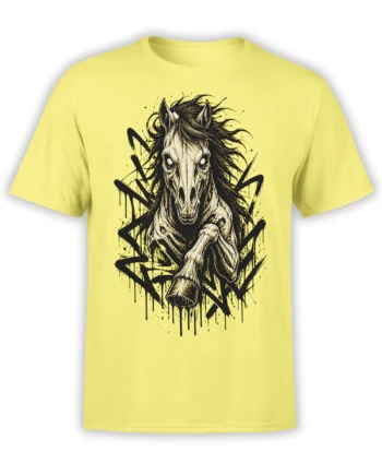 Yellow T-shirt featuring a menacing skeletal horse, black mane, hollow eyes, and bold graffiti-style ink marks