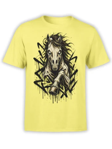 Yellow T-shirt featuring a menacing skeletal horse, black mane, hollow eyes, and bold graffiti-style ink marks