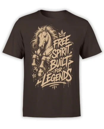 Crowned horse graphic with “Free Spirit Built for Legends” text on a brown T-shirt