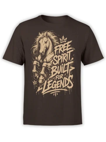 Crowned horse graphic with “Free Spirit Built for Legends” text on a brown T-shirt