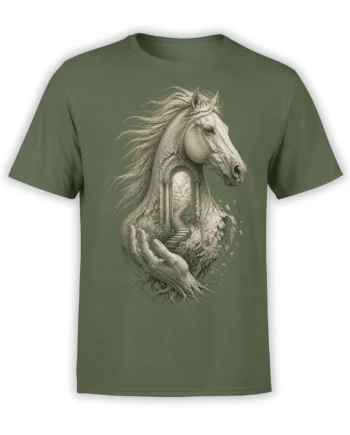 Surreal horse and mysterious arched portal graphic printed on an olive green T-shirt