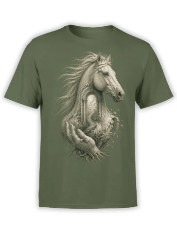 Surreal horse and mysterious arched portal graphic printed on an olive green T-shirt