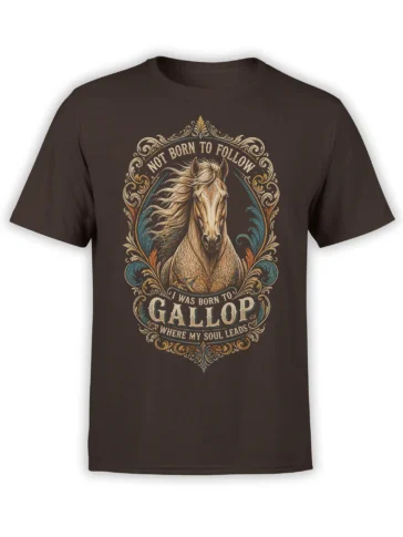Ornate horse graphic with “Not Born to Follow” lettering on a brown T-shirt
