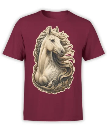 Detailed vintage-style horse portrait with a flowing mane printed on a burgundy T-shirt