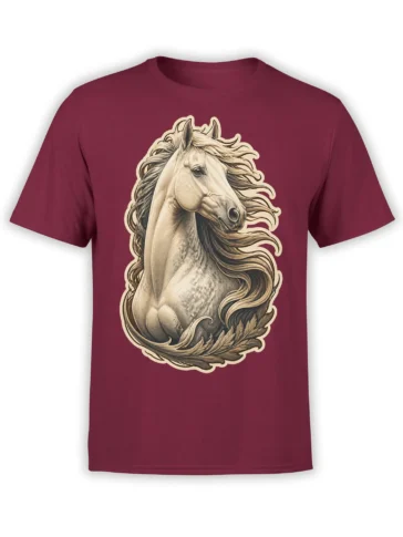 Detailed vintage-style horse portrait with a flowing mane printed on a burgundy T-shirt