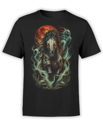 Black T-shirt with a skeletal horse, red moon, spectral wisps, and skulls in dark fantasy artwork