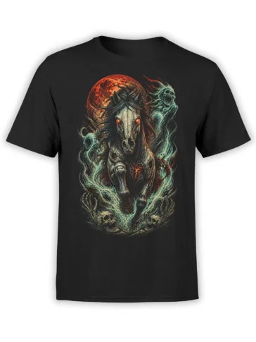 Black T-shirt with a skeletal horse, red moon, spectral wisps, and skulls in dark fantasy artwork