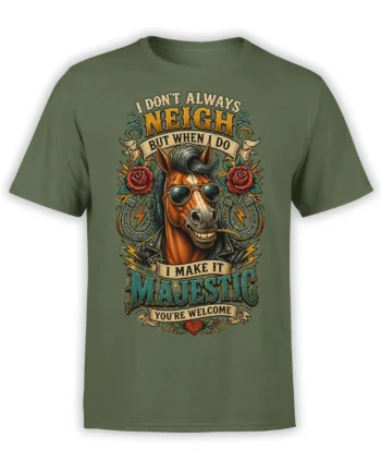 Green horse T-shirt with a grinning sunglasses-wearing horse, roses, horseshoes, and vintage lettering