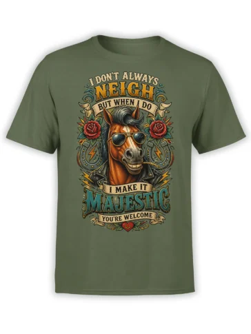 Green horse T-shirt with a grinning sunglasses-wearing horse, roses, horseshoes, and vintage lettering