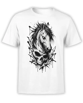 White T-shirt featuring a black ink horse skull with a wild mane and sharp grunge-style marks