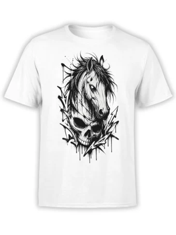 White T-shirt featuring a black ink horse skull with a wild mane and sharp grunge-style marks