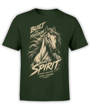 Dark green horse T-shirt with vintage horse portrait and bold Built for Freedom lettering