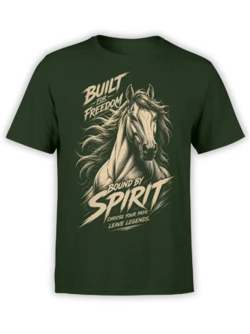 Dark green horse T-shirt with vintage horse portrait and bold Built for Freedom lettering