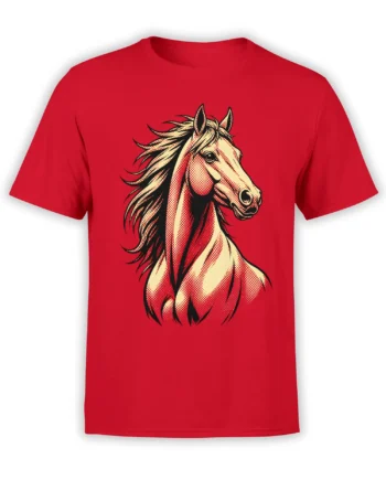 Majestic horse portrait with flowing mane in cream, black, and red on a red T-shirt