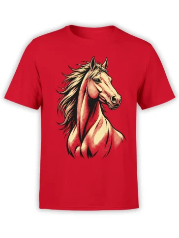 Majestic horse portrait with flowing mane in cream, black, and red on a red T-shirt