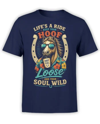 Vintage horse graphic with sunglasses, hibiscus flowers, and wild soul lettering on a navy T-shirt