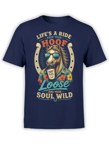 Vintage horse graphic with sunglasses, hibiscus flowers, and wild soul lettering on a navy T-shirt