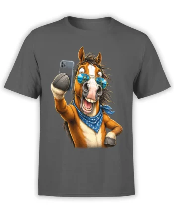 Grinning brown horse holding a smartphone and wearing blue sunglasses on a gray T-shirt