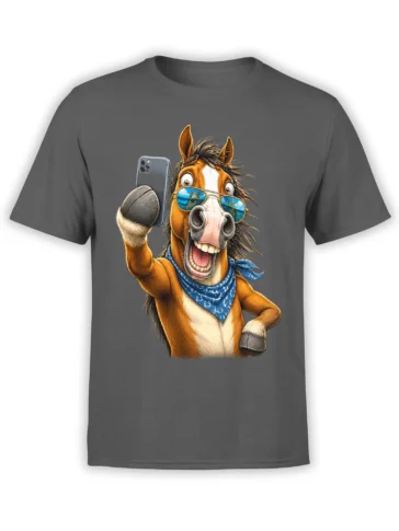 Grinning brown horse holding a smartphone and wearing blue sunglasses on a gray T-shirt