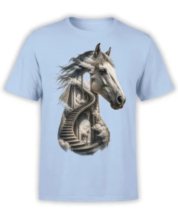 Surreal gray horse with clouds, stone arches, and a winding staircase on a light blue T-shirt