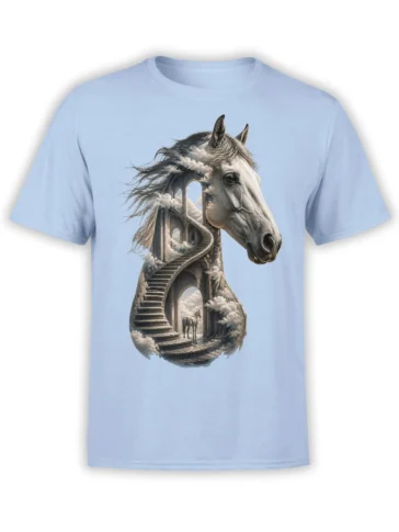 Surreal gray horse with clouds, stone arches, and a winding staircase on a light blue T-shirt