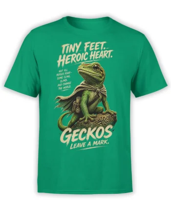 Heroic cloaked gecko standing on a rock with bold cream lettering on a green T-shirt