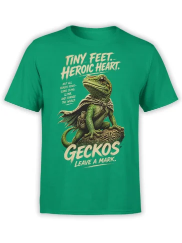 Heroic cloaked gecko standing on a rock with bold cream lettering on a green T-shirt
