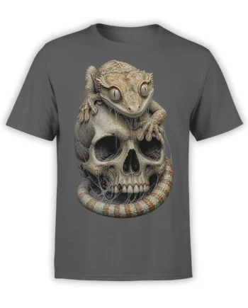 Gray reptile t-shirt featuring a spiny lizard curled around a detailed weathered skull