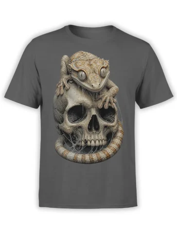 Gray reptile t-shirt featuring a spiny lizard curled around a detailed weathered skull