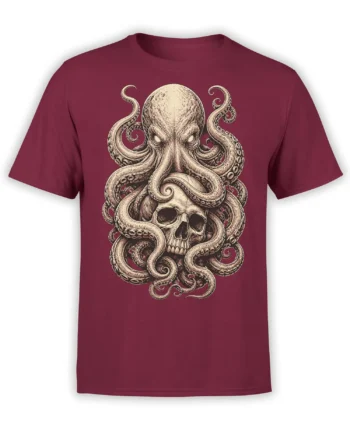 Vintage octopus wrapped around a skull on a burgundy T-shirt with detailed tentacles