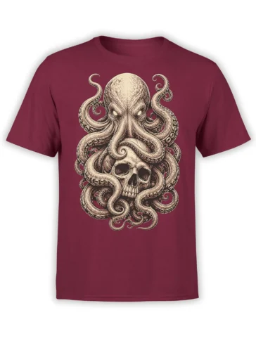 Vintage octopus wrapped around a skull on a burgundy T-shirt with detailed tentacles