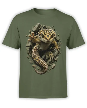 Green T-shirt with a grinning gecko-like reptile breaking through shattered rocks in a detailed graphic