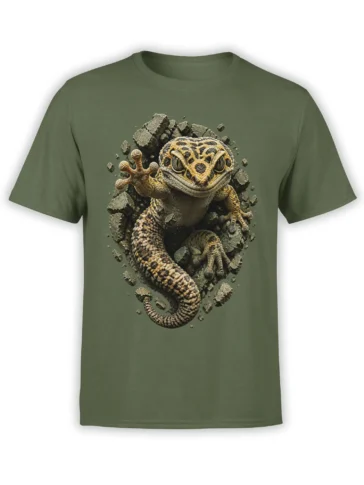 Green T-shirt with a grinning gecko-like reptile breaking through shattered rocks in a detailed graphic