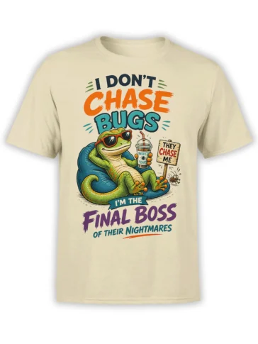 Green crocodile in sunglasses holding an insect tears drink on a beige final boss graphic T-shirt