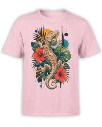 Spotted gecko with hibiscus flowers and tropical leaves printed on a pink T-shirt