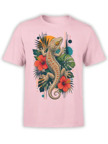 Spotted gecko with hibiscus flowers and tropical leaves printed on a pink T-shirt