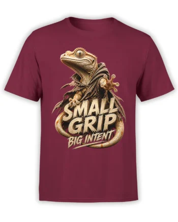 Detailed lizard with gripping toes and “Small Grip Big Intent” lettering on a burgundy T-shirt