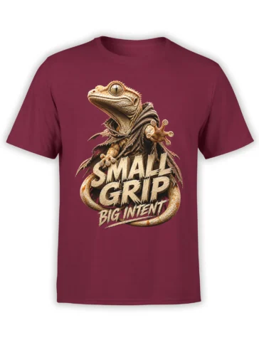 Detailed lizard with gripping toes and “Small Grip Big Intent” lettering on a burgundy T-shirt