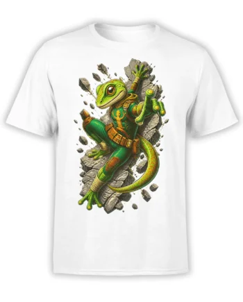 Green lizard warrior breaking through a stone wall on a white fantasy T-shirt