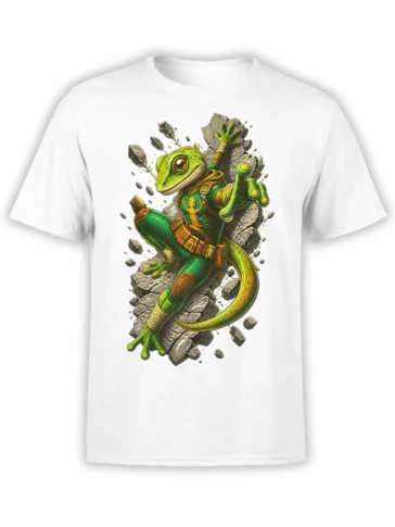 Green lizard warrior breaking through a stone wall on a white fantasy T-shirt