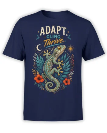 colorful gecko t-shirt with tropical flowers and Adapt Cling Thrive artwork on navy